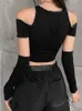 Goth Dark Egirl Style Patchwork Black Tshirts Gothic Open Shoulder Sleeve Y2k Crop Tops Ruffles Hem Hip Hop Techwear Women Tee 220811