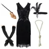 Freizeitkleider Damen Plus Size Gatsby Pailletten Art Deco Schwarz Flapper 1920er Jahre V-Ausschnitt Perlen Fransen Tolles KleidLässig