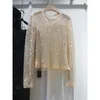 Pulls Femme Printemps Automne Dames Paillettes Strass Col Ras Du Cou À Manches Longues Lumineux Bling Résille Évider Maille Brillant Chemise Femmes TopWome