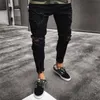 Fashion Mens Cool Designer Black Ripped Skinny Jeans détruit les pantalons de houblon à glissière pantalon de dimnivage effiloché pour hommes 220811