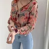 Women Turn Down Collar Long Sleeve Leaf Floral Print Shirt Chiffon Office Blouse Womens Clothing mujer 220810
