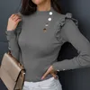 Plus Size Herbst Winter Damen Langarm Strickwaren Rippe Rüschen Knöpfe Bluse Basic Shirt 220811