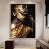 Beauty Woman Gold And Black Oil Painting Posters And Prints Cover Eyes Pouting Canvas Painting Pictures For Living Room Decor