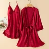 Women's Sleepwear Bride Robe Set Women Lace Nightgown Bathrobe Summer V-Neck Sleepdress Kimono Gown Lounge Wear Sexy NightdressWomen's