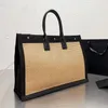 Bolsas de Palha Bolsa de Compras Bolsa de Lona RIVE GAUCHE Bolsa de Ombro Tecer Alças de Couro Grande Capacidade Bolso de Viagem de Verão Letras Bordadas Adesivo Letra