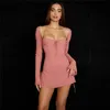 Xllais grossistföremål Kvinnor flare långärmad rosa klänning mode fyrkantiga krage bandage kläder sexiga klippta partiklubben vestidos 220811