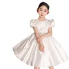 Puffy Short Sleeves Ivory Satin Flower Girl Dresses Jewel Neck Little Girl Kids Occasion Birthday Party Princess Gowns Lace Appliqued Baby Communion Dress CL0816