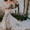 Backless sjöjungfru spets bohemisk bröllopsklänning 2022 Elegant långärmad illusion halsringning applikationer land bröllopsklänningar med tåg brud vestido de novia