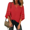 Camiseta de mujer Moda Mujer Cuello en V Blusa de panel de malla 3/4 Manga de campana Casual Suelta Top Lindas camisas occidentales Mujeres Mujeres Gráfico TeesW