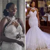 Arabic Aso Ebi Vintage Lace Beaded Mermaid Wedding Dresses Sheer Neck Halter Sleeveless Bridal Dresses Gowns With Buttons Back bc5222