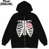 Hommes Hip Hop Streetwear À Capuche Sternum Squelette Manteau Harajuku Coton Lâche Veste Printemps Outwear Zipper Noir 220811