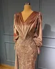 Brown Velvet Mermaid Formal Women Evening Dresses Long Sleeves Lace Appliques Prom Party Gowns Vestidos Robe 2022