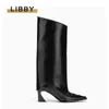 Women Boots 2022 New Patent Leather Knee High for Pointed Toe Winter Punk Style Sexy Party Shoes Heels Slip on Long 0719