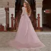 Vestidos de Baile Sereia Rosa Brilhante Sexy Mangas Compridas Bateau Brilhante Lantejoulas Apliques Renda Destacável Trem Vestidos de Noite Plus Size Vestidos de Festa Formais Feitos sob Medida