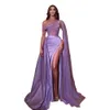 Purple Satin Mermaid Prom Dresses Sexig axelbandslös en axel med Cape Shiny paljetter Applices Side Slit Evening Plus Size Size Formal Party Gowns Custom Made