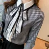 2022 Ribbon Bow Designer Silk Shirt Women Classic Lapel Vintage -knapp Blusar Långärmad Office Ladies Runway Print Shirts Sprin2763