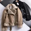 Winter Frauen dicke warme Wildleder -Lammjacke kurzer Motorrad braune Schichten Faux Shearling Sheepell Leder Jacken Outwear 220818