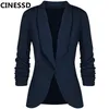 CINESD Office Lady Blazers Coat Solid Long Sheeves Cardigan Button Casual Suit marineblauw Draped Slim Cotton Women Blazer Jacket 220818