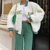 Y2K Green Print Fashion Baseball Coat Autumn Winter Spectwork Patchwork Jacket Varsity Women White 220818