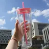 24oz Clear Plastic Tumblers Flat Lid Acrylic Water Bottles with colorful Straw 710ml Double Walled Portable Office Coffee Mug Reusable Transparent low moq