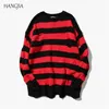 Black Red Striped Sweaters Washed Destroyed Ripped Men Hole Knit Jumpers Women Oversized Harajuku 220817