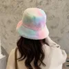 Faux Fur Winter Bucket Hat For Women Fashion Rainbow Soft Warm Tie-Dye Bucket Hats Fishing Cap Lady Outdoor Vacation Hat Cap Y220818