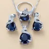 925 Mark Water Drop Jewelry Set WeddingEngagement Accessories For Women Blue Zirconia Stud Earrings And Necklace Ring Sets 2208189117421