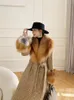 OftBuy New Slim Belt Thick Ware Real Fur Coat Wool Blends X-Long Winter Jacket Women Plaid Fox Fur Collar Cuffs Tweed Women