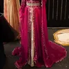 Elegant Moroccan Kaftan Evening Dresses With Hijab Fuchsia Chiffon Caftan Long Sleeve Shiny Beaded A-Line Formal Party Gowns Arabic Dubai Abaya Muslim Prom Dress