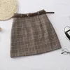 Autumn Korean Women Plaid kjol Kvinnor Hög midja Aline kjolar Vinter vintage Lattice Mini Short Female Khaki Gray 220818