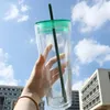 24oz Clear Plastic Tumblers Flat Lid Acrylic Water Bottles with colorful Straw 710ml Double Walled Portable Office Coffee Mug Reusable Transparent low moq