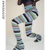Boofeenaa colorido listrado calça empilhada streetwear mulheres roupas hippie caem calças longas sexy c69cb22 220816