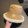 2022 Autumn Winter Bucket Hats Women Pu Leather Panama Hat Thick Warm Plush Fisherman Cap Black High End All Match Basin Hat Y220818