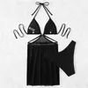 Traje de baño de mujer Sexy Sólido Halter Tanga Bikini Push Up Trajes de baño Cubrimientos para mujeres 3 piezas Conjuntos Vendaje Ropa de playa Traje con falda de mallaMujeres