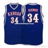 저렴한 커스텀 #34 Paul Pierce Kansas Jayhawks Ku College 농구 유니폼 화이트 블루 자수 스티치 커스텀 번호 및 이름 유니폼