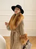 OftBuy New Slim Belt Thick Ware Real Fur Coat Wool Blends X-Long Winter Jacket Women Plaid Fox Fur Collar Cuffs Tweed Women