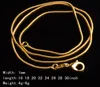 Catene di serpente placcate oro 18 carati da 1 mm Collana con chiusura a moschettone liscia dorata da 16-30 pollici per donna