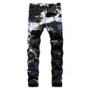 Jeans Homme Lettres Broderie Noir Stretch Denim Brodé Crayon Pantalon Pantalon Homme