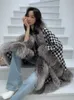 OftBuy New Fashion Jacket Winter Women CapesPonchos Real Silver Fox Fox Fux Fur Collar Tweed Shawl Coat Cloak Plaid Thick Warm