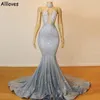 Zilveren lovertjesavond beroemdheid jurken zeemeermin glitter halter kanten toegewezen sexy prom party jurken court trein open terug formele gelegenheid robe de soiree cl0899