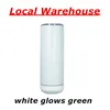 Armaz￩m local Sublima￧￣o Alto -falantes de brilho 20 on￧as Branco brilha verde Tumblers com fundo branco Transfer￪ncia de calor em branco em branco Banetas de ￡gua de a￧o inoxid￡vel x￭caras A12
