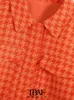 Traf Women Fashion Bazgnięte rąbek Tweed Coted Purted Płaszcz Vintage Long Rękaw-przyciska