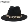 Bérets Fedora Chapeau Épais Chaîne En Or Bande Feutrée Hommes Luxe Jazz Casquette Hiver Automne Dames Fête Panama Large Bord Pour FemmesBérets BéretsBérets