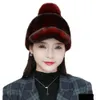 Damen-Mütze aus Nerzfell, Winter, warm, weich, glatt, echter Fuchs, Plüsch-Pom-Pom, handgefertigt