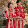 Vintage Ethnic Clothing Xiuhe Groom Suits Hanfu Bride Luxury Ancient China Wedding Costume Red Embroidery Oriental Style Couple Clothing Vestido Chino