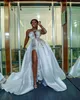 Свадебное платье русалки с атласными золотыми аппликациями, одно плечо, платья невесты с длинным рукавом, свадебные платья с высоким разрезом