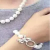 Hand made 9-10mm necklace bracelet white freshwater nearly round pearl micro inlaid zircon accessory set fashion jewelry