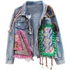 Spring Autumn Streetwear Patchwork Print Frayed Diamonds Denim Jacket Women Mesh Lace Up Short Casual Jean Coat Female Outerwear 220818