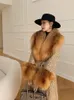 OftBuy New Slim Belt Thick Ware Real Fur Coat Wool Blends X-Long Winter Jacket Women Plaid Fox Fur Collar Cuffs Tweed Women