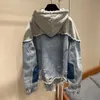 early autumn women's fashion frayed stitched denim jacket high quality flannel Hoodie Pullover Jacket 220819